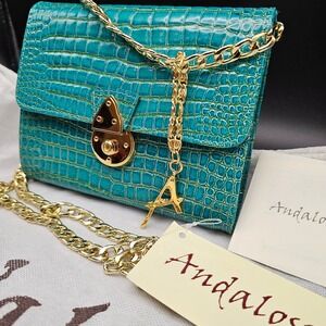 Andalossi Teal Crocodile Embossed Genuine Leather Chain Shoulder Bag A Charm
